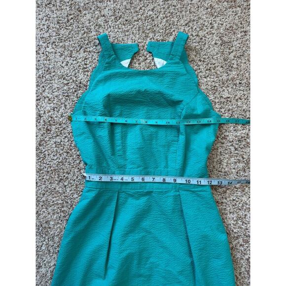 Lauren James Seersucker teal/Lagoon dress, size XS, scalloped hem, halter top - Picture 5 of 9